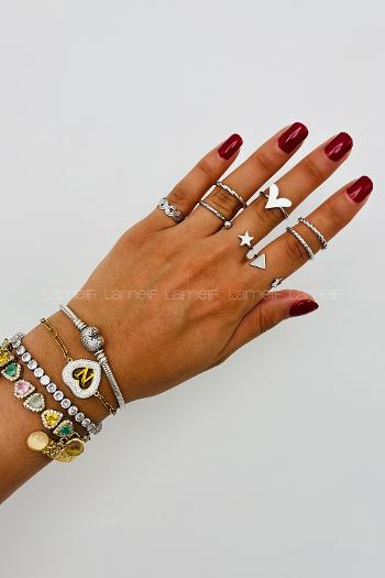 Lamelif Gümüş 8li Kombin Kalp Yüzük Seti