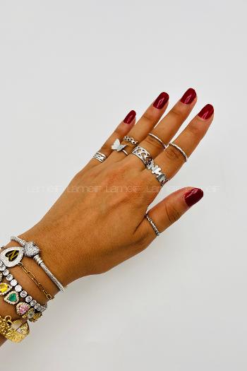 Lamelif Gümüş 8li Kombin Kelebek Yüzük Seti