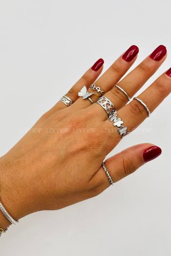 Lamelif Gümüş 8li Kombin Kelebek Yüzük Seti