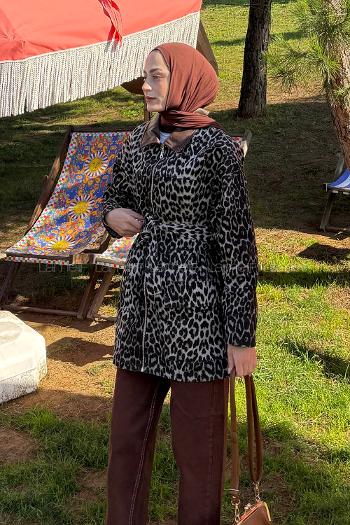 Lamelif Leopar Desen Kot Mont  Acı Kahve
