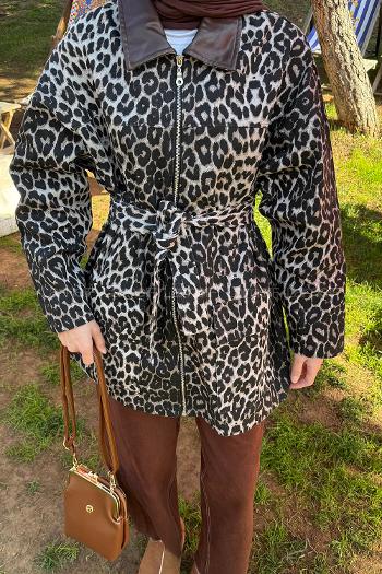 Lamelif Leopar Desen Kot Mont  Acı Kahve