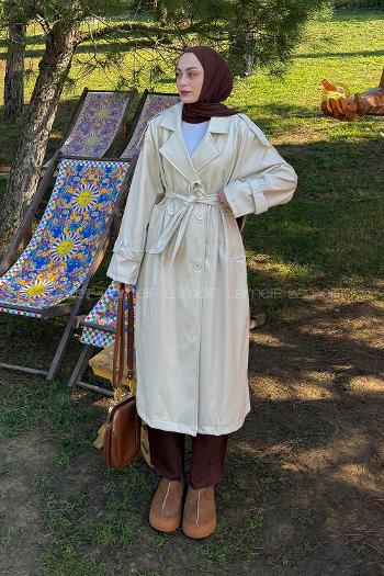 Lamelif Omuz Apoletli Deri Trençkot Krem