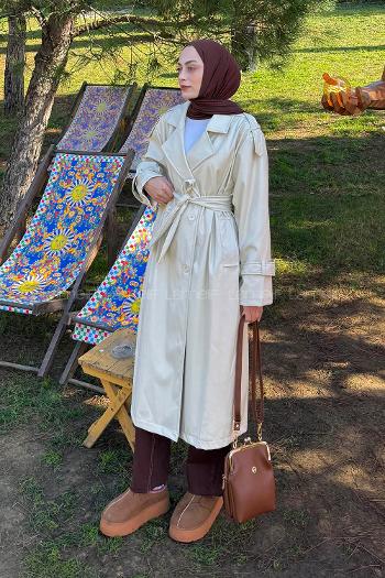 Lamelif Omuz Apoletli Deri Trençkot Krem