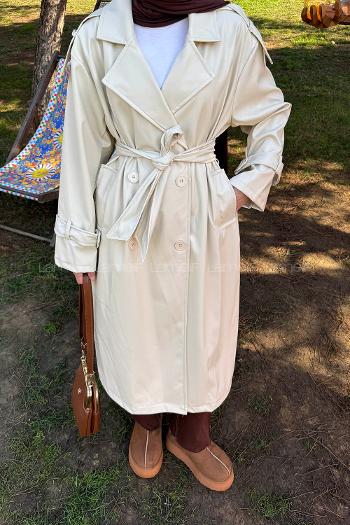 Lamelif Omuz Apoletli Deri Trençkot Krem