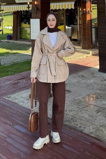 Lamelif Omuz Apoletli Kısa Trençkot Bej