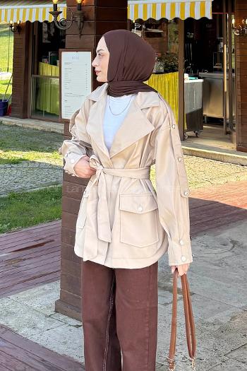 Lamelif Omuz Apoletli Kısa Trençkot Bej