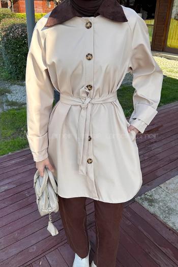 Beige Long Arm Cotton Polyester Trench Coat