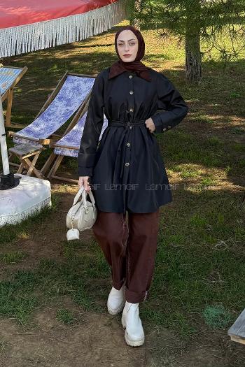 Black Long Arm Cotton Polyester Trench Coat