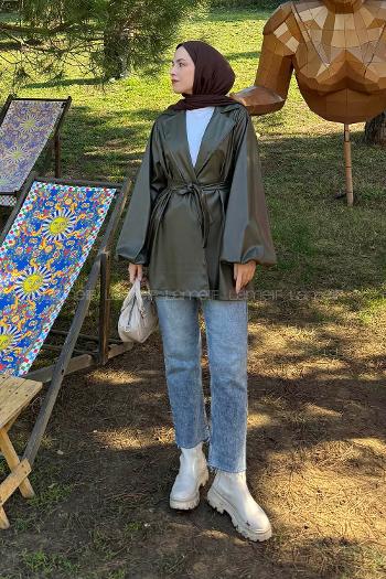 Khaki Jacket Collar Long Arm Skin Jacket