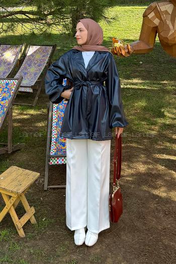 Lamelif Bağlama Detaylı Deri Mont Lacivert