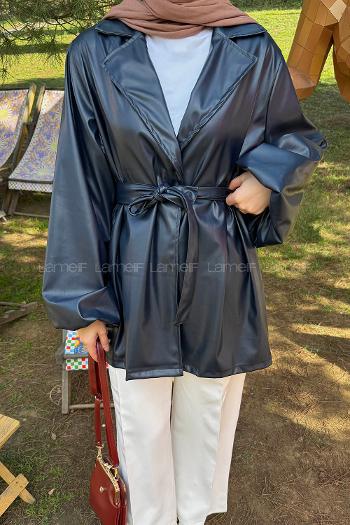 Lamelif Bağlama Detaylı Deri Mont Lacivert