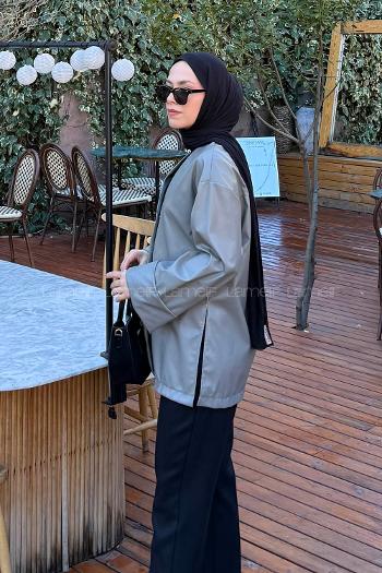 Gray V Neck Long Arm Skin Polyester Jacket