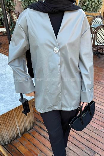 Gray V Neck Long Arm Skin Polyester Jacket