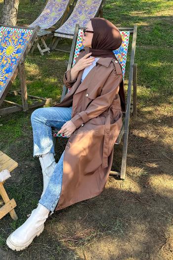 Lamelif Düğme Detaylı Trençkot Kahverengi