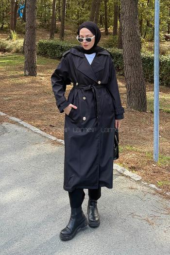 Lamelif Düğme Detaylı Trençkot Siyah