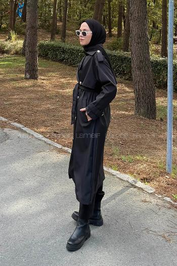 Lamelif Düğme Detaylı Trençkot Siyah