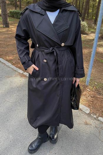 Lamelif Düğme Detaylı Trençkot Siyah