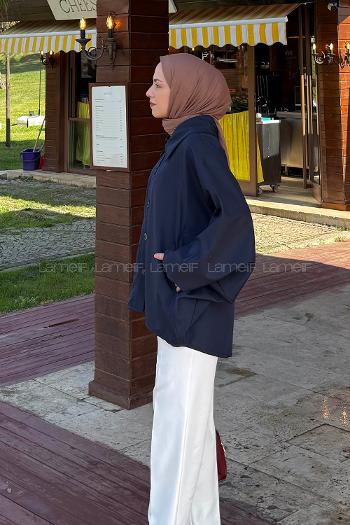 Lamelif Düğmeli Panço Lacivert