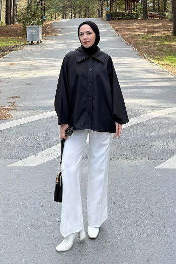 Lamelif Düğmeli Panço Siyah