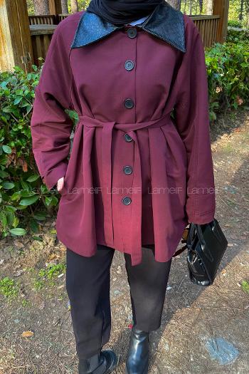 Claret Red Long Arm Polyester Trench Coat