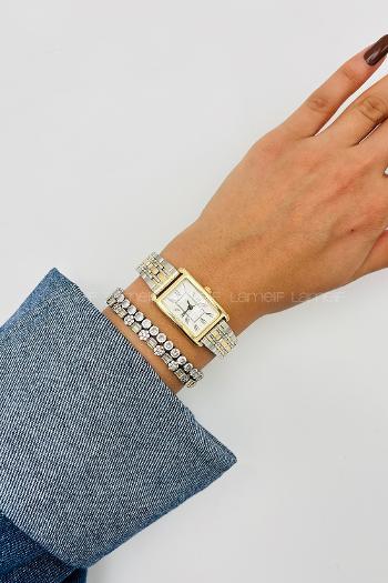 Lamelif Gümüş Gold Detaylı Metal Kordon Kol Saati