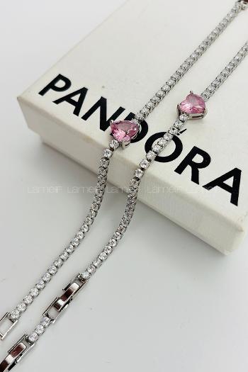 Lamelif Gümüş Su Yolu Baget Taşlı Pembe Kalp Bileklik