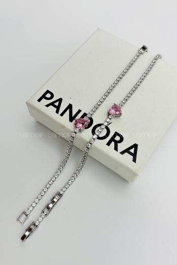 Lamelif Gümüş Su Yolu Baget Taşlı Pembe Kalp Bileklik