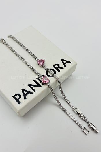 Lamelif Gümüş Su Yolu Baget Taşlı Pembe Kalp Bileklik