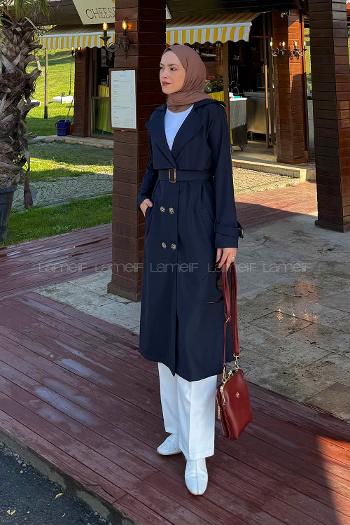 Lamelif Kuşaklı Omuz Apoletli Trençkot Lacivert