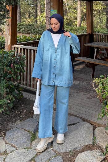 Light Blue V Neck Long Arm Denim Regular Trousers Denim Suit