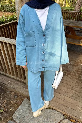 Light Blue V Neck Long Arm Denim Regular Trousers Denim Suit