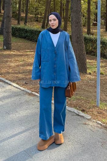 Denim Blue V Neck Long Arm Denim Regular Trousers Denim Suit