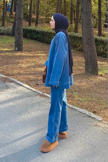 Denim Blue V Neck Long Arm Denim Regular Trousers Denim Suit