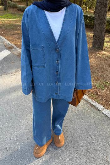 Denim Blue V Neck Long Arm Denim Regular Trousers Denim Suit