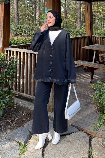 Lamelif V Yaka Düğmeli İkili Takım Siyah