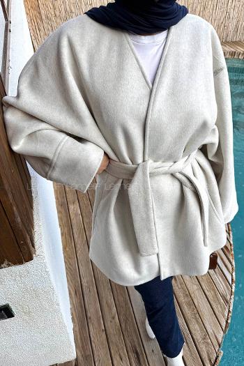 Stone V Neck Long Arm Polyester Rayon Coat