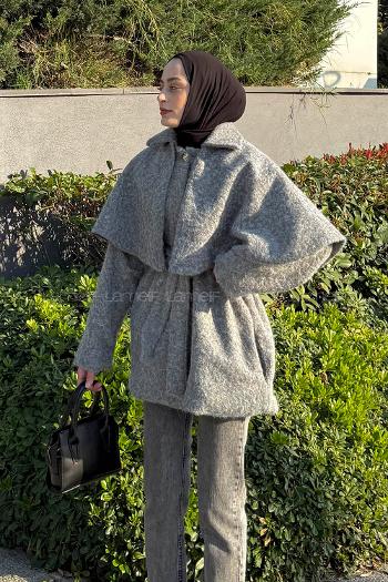 Lamelif Bağlama Detaylı Pelerinli Kaban Gri