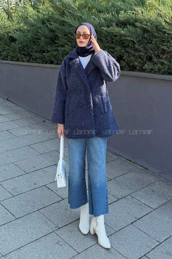 Navy Blue Jacket Collar Long Arm Polyester Coat