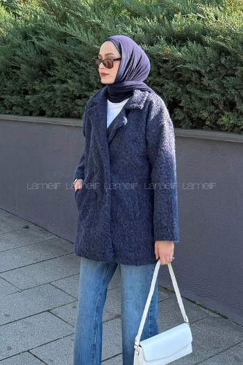 Navy Blue Jacket Collar Long Arm Polyester Coat