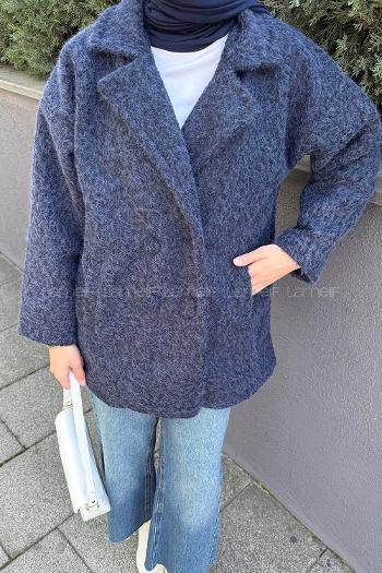 Navy Blue Jacket Collar Long Arm Polyester Coat