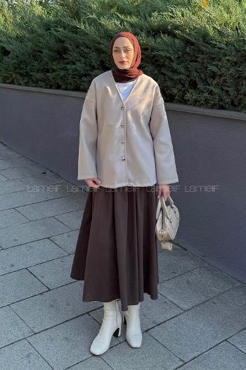 Lamelif Düğmeli V Yaka Ceket Açık Vizonrengi