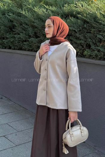 Lamelif Düğmeli V Yaka Ceket Açık Vizonrengi