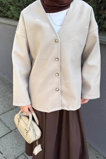Lamelif Düğmeli V Yaka Ceket Açık Vizonrengi