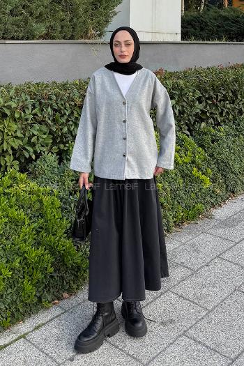 Lamelif Düğmeli V Yaka Ceket Gri