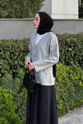 Lamelif Düğmeli V Yaka Ceket Gri