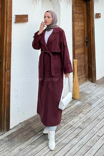 Lamelif Fleto Cep Omuz Apoletli Trençkot Bordo