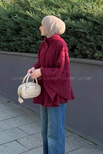 Lamelif Hakim Yaka Kemer Detaylı Kaşe Panço Bordo