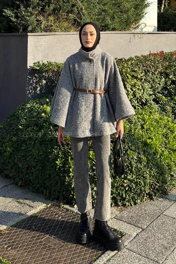 Lamelif Hakim Yaka Kemer Detaylı Kaşe Panço Gri