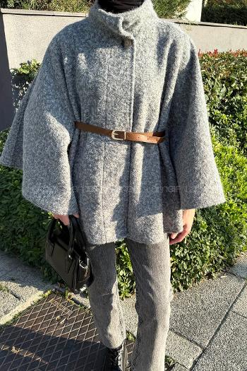 Lamelif Hakim Yaka Kemer Detaylı Kaşe Panço Gri