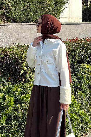 Lamelif Kol Kürk Detaylı Ceket Beyaz